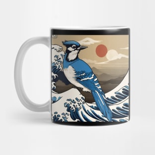 Vintage Blue Jay Bird in Sunset with The Great Wave Bird Watching Dad Mug